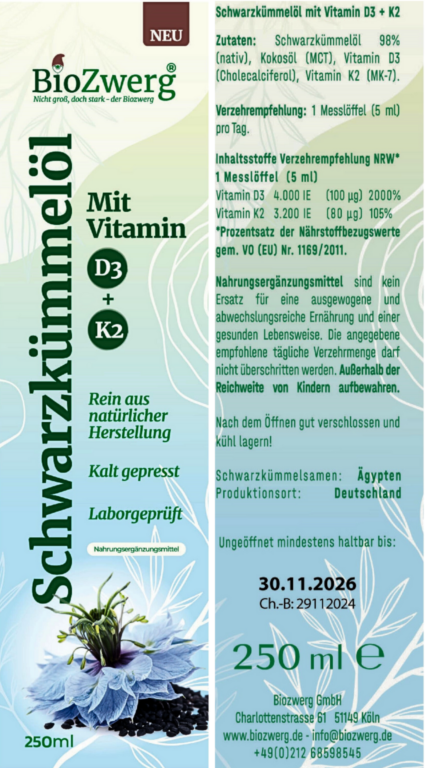 Schwarzkümmelöl Vitamin D3 & K2 (neu & einzigartig)